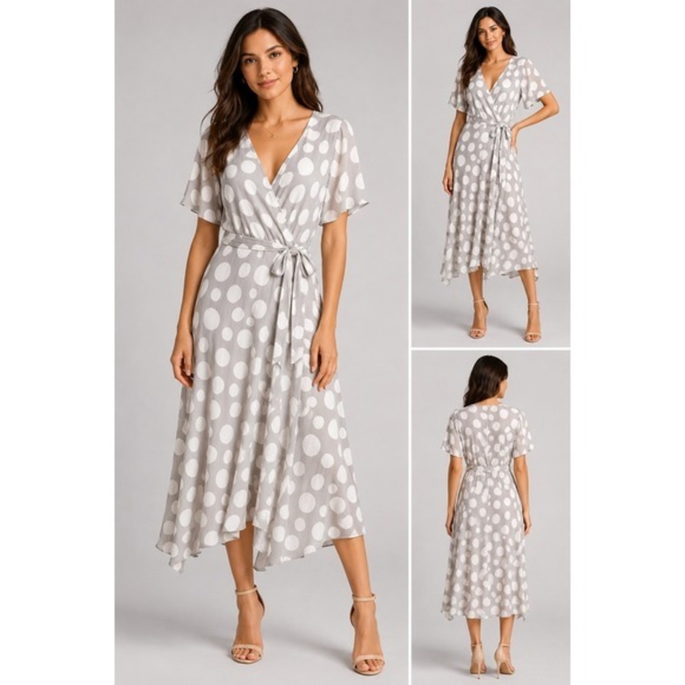 CB Established 1962 Size 16 Polka Dot Faux Wrap Handkerchief Hem Midi Dress‎